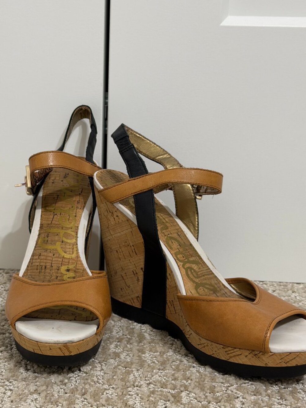 Sam Edelman Clay Saddle Black Leather Cork Platform Wedge Sandals